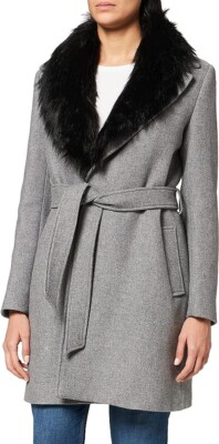 Naf Naf Women's POLUX GRIS Wool Fur Trim Wrap Coat. Grey (Clair Chin) 14 UK