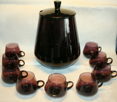 Midcentury Bowle Set W. Wagenfeld-Glas Rauchglas Lila 9 Personen 50er 60er rar