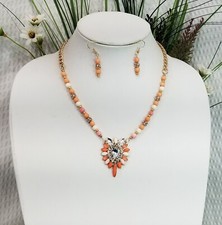 Gold Tone Peach Beige Bead and Crystal Pendant Choker Necklace and Earring Set