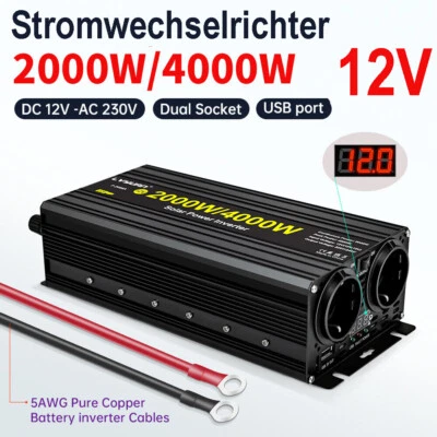 LVYUAN 2000W 4000W Wechselrichter 12V zu 230V USB 2AC Spannungswandler Campen Schwarz