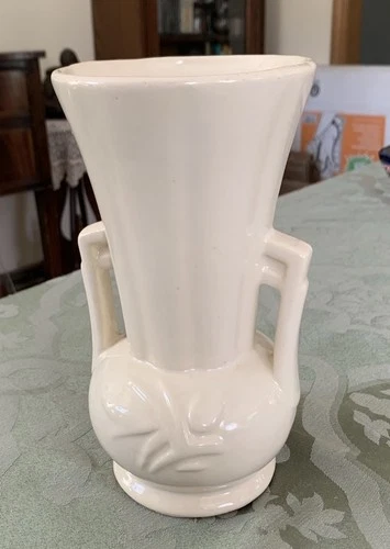 White Ceramic Vase with Handles, 8" McCoy Pottery