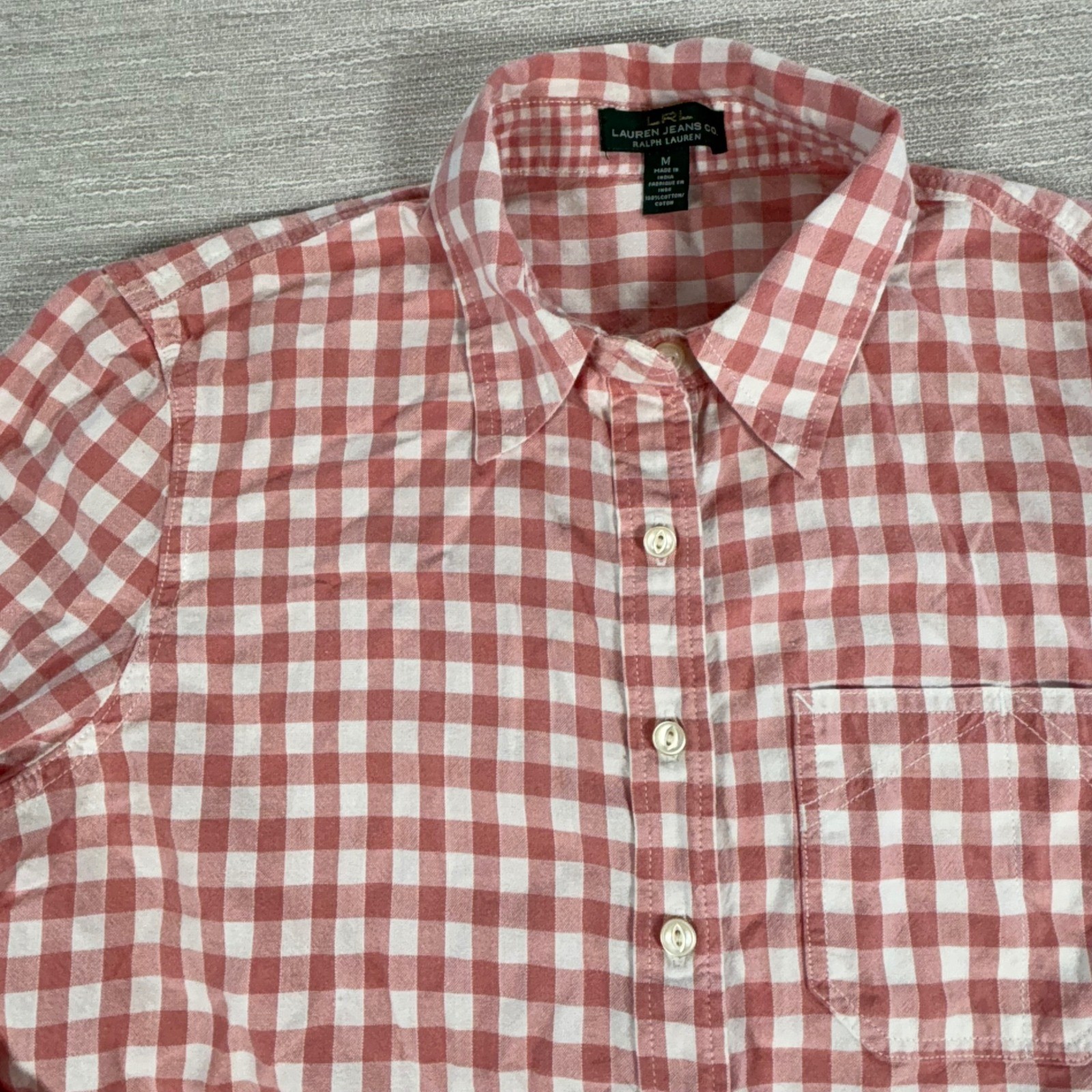 Lauren Jeans Co Ralph Lauren Womens Gingham Popover Half Button Shirt Pink Sz M thumbnail 2