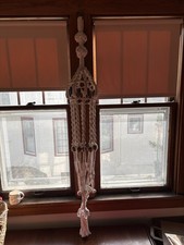 Vintage 70s Macrame Braided Rope Plant Holder Boho Indie Wooden Beads Tassel