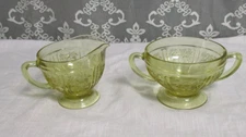 Federal Glass Sharon Cabbage Rose Creamer/Sugar Amber Yellow Glass