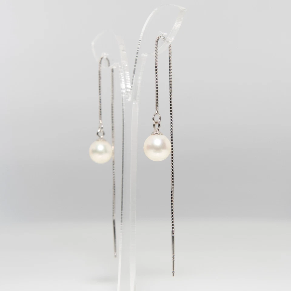 6.7mm Round Cream Japanese Akoya Pearl Earrings Sterling Silver Threader,3.7" - Image 3 of 4