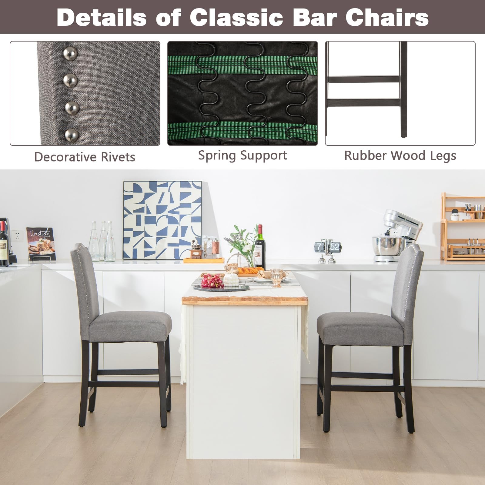 GOFLAME Bar Stools Set of 2, Modern Upholstered Counter Height Barstools with