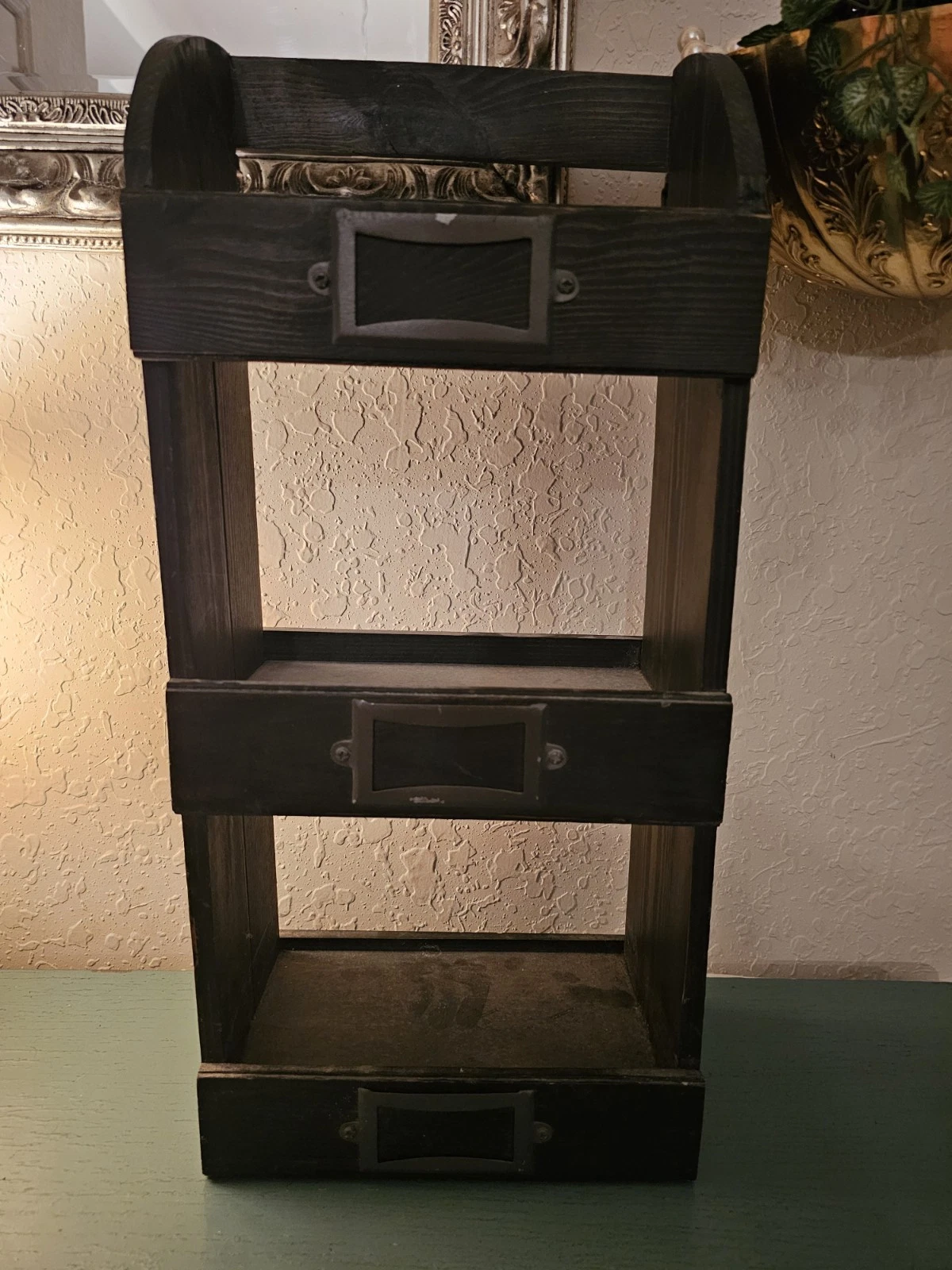 Vintage 3 Tier Wood Shelve Unit, Freestanding Or Wall, W/Metal Label Inserts,...