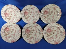 6 Johnson Brothers England Rose Chintz Pink 7  7/8" Round Salad Plates, 1 w chip