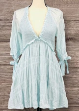 LOVERS & FRIENDS Small Light Blue Cotton Deep-V Neck Mini Dress with Sheer Back