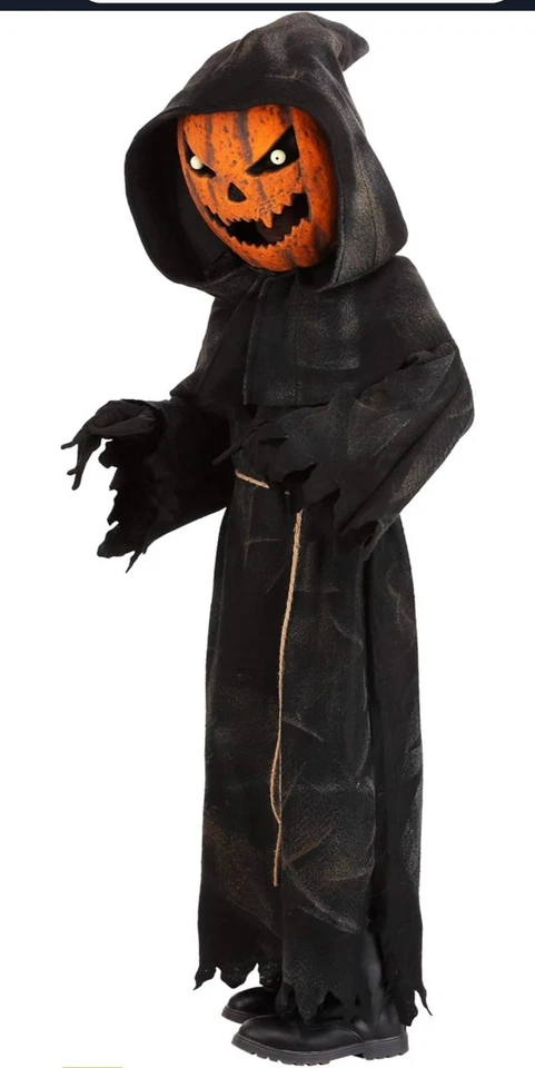 Bobblehead Pumpkin Child Costume Boys Mask Robe Hood Gloves Scary Sz Medium 8-10 - Image 3 of 4