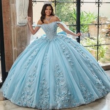 Sky Blue Quinceanera Dresses 3D Florals Beaded Lace Applique Sweet 16 Ball Gown