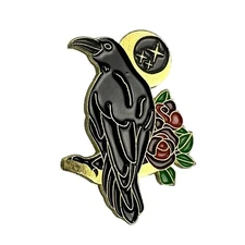 Gothic Black Raven & Roses Moon Bird Lapel Pin Ravencore Whimsigoth Witchy Retro