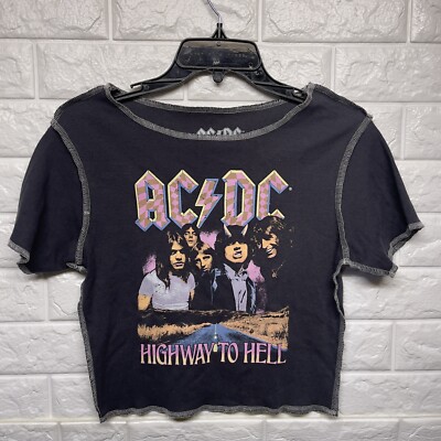 ACDC Highway To Hell Crop Top Rock Band Short Sleeve T Shirt Black Women S EUC