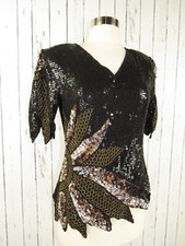 Vintage 80s 90s Black Gold Sequin Beaded Evening Top Disco Trophy Silk S