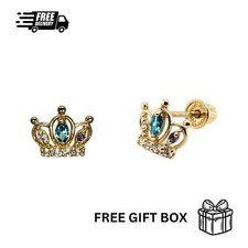 14K Solid Yellow Gold Crown Screw Back CZ Stud Earrings