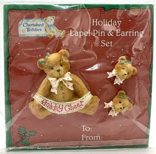 1995 Cherished Teddies Enesco Holiday Lapel Pin  Earring Set Holiday Cheer