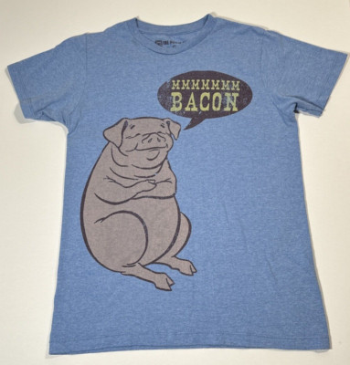 Men Unisex Logo Tee T-Shirt Small Blue w/Pig MMMMMMM Bacon Graphic Print