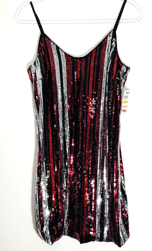 Bar III Dress Size M Black Red Silver Sequin Bodycon Stripes Occasion Womens