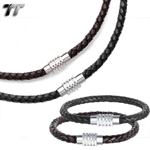 T&T 6mm Leather Stainless Steel Magnet Buckle Collar Necklace+Bracelet Set CL03 - Picture 1 of 7