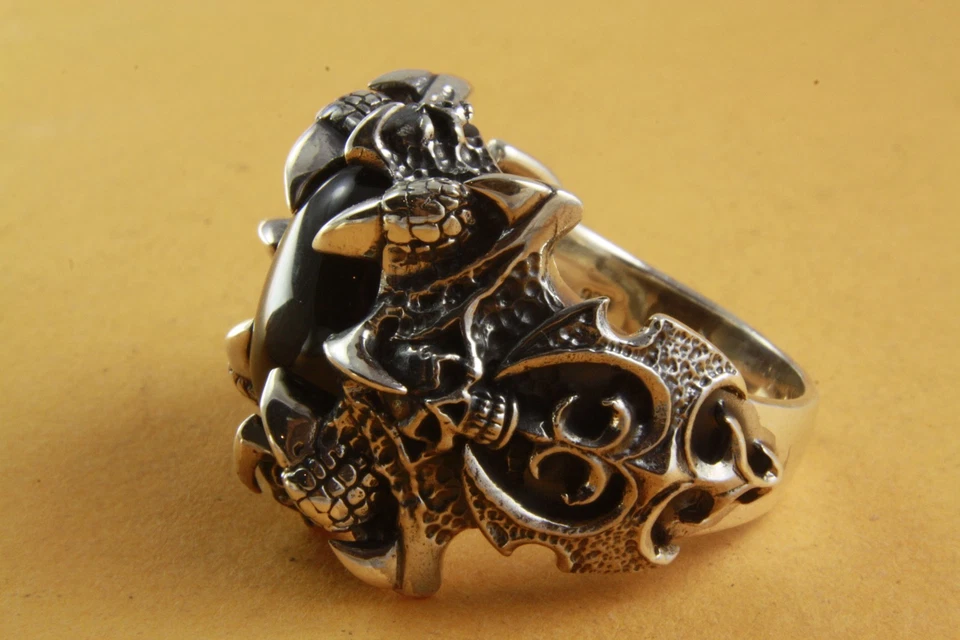 Teschio Gigli Croce Artigli Biker Anello 925 Argento Anello IN Argento / 103 - Immagine 3 di 3