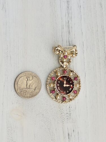 Vintage Watch Gold Tone Brooch with Faux Pearls Pink Rhinestones - Picture 2 of 3
