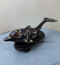 Blue Floral Cloisonné 7” Dolphin Figurine On Wooden Stand Ocean Life