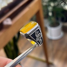 Authentic Yemeni Agate Ring 925 Silver Handmade Yellow Aqeeq Islamic Jewelry