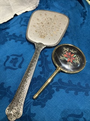 Vintage Schminktisch Bürste bestickt plus Handtaschenspiegel