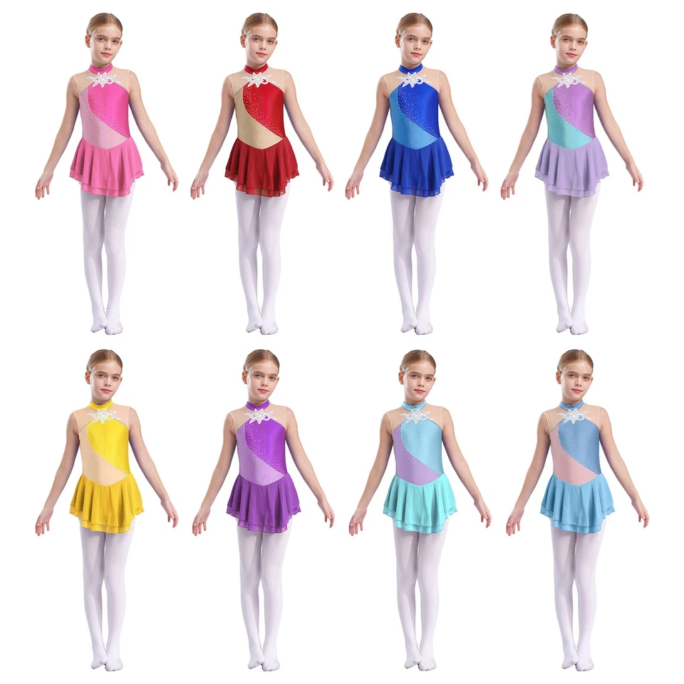 Kids Girls Dance Decorated Leotard Ruffle Dress Sequins Athletic Stage Show - Image 4 of 4