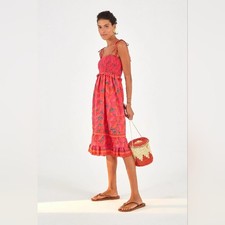 FARM Rio Red Chili Pepper Dress Midi Length Smocked Bodice Flounce Hem C…