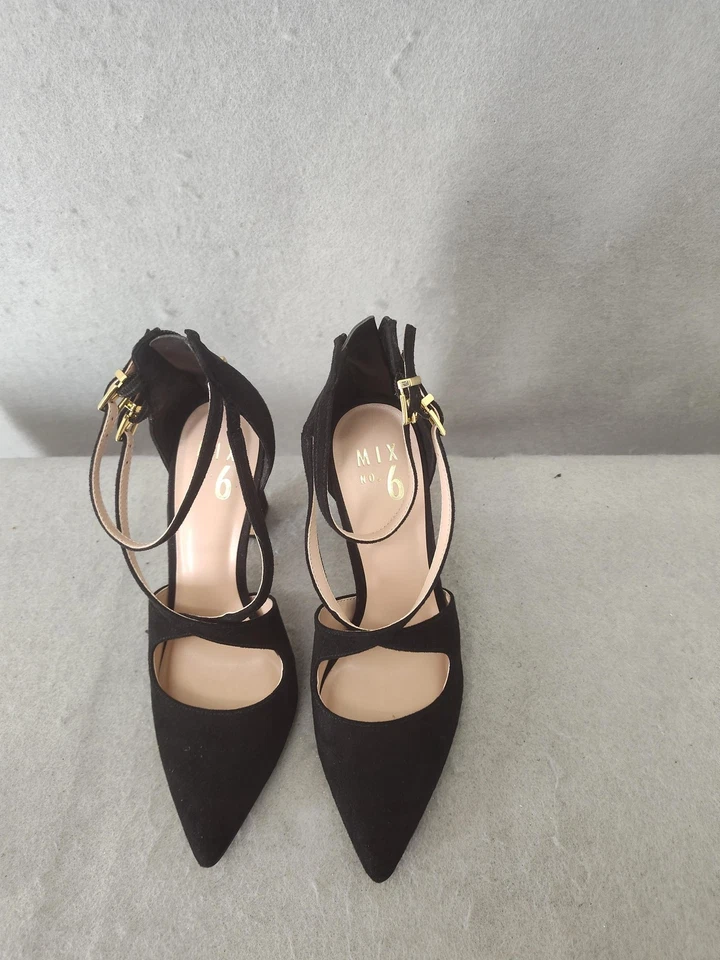 Mix No. 6 Zapatos de salón para mujer 7M negros con tiras tacón bloque hebilla dorada gamuza elegante zapato Foto 3 de 4