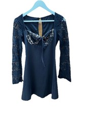 Cider Black Lace Y2K Flared Long Sleeve Short Dress Size S Tie Front Trendy