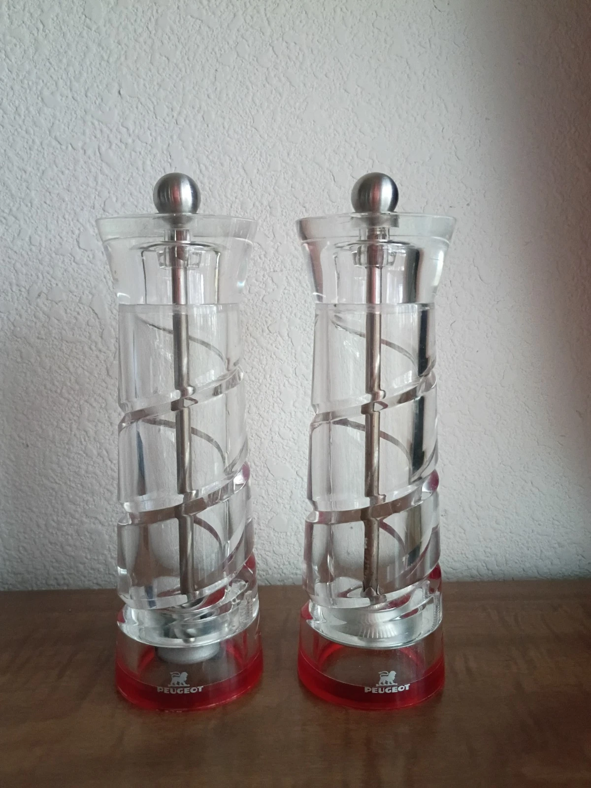 Designer Peugeot France Salt & Pepper Mill Grinder Set 7.5” Clear Acrylic Swirl