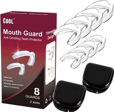 Anti Grinding Night Mouth Guard 8 Guards (Large - Medium) 2 Travel Cases Trim