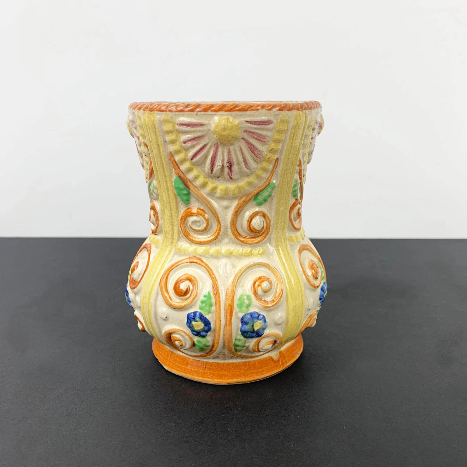 Japanese decorative ceramic vase and planter with relief carving yellow orange
