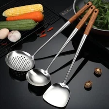 Stainless Steel Wok Spatula Ladle Tool Set Long Handle 17inches Kitchenware US
