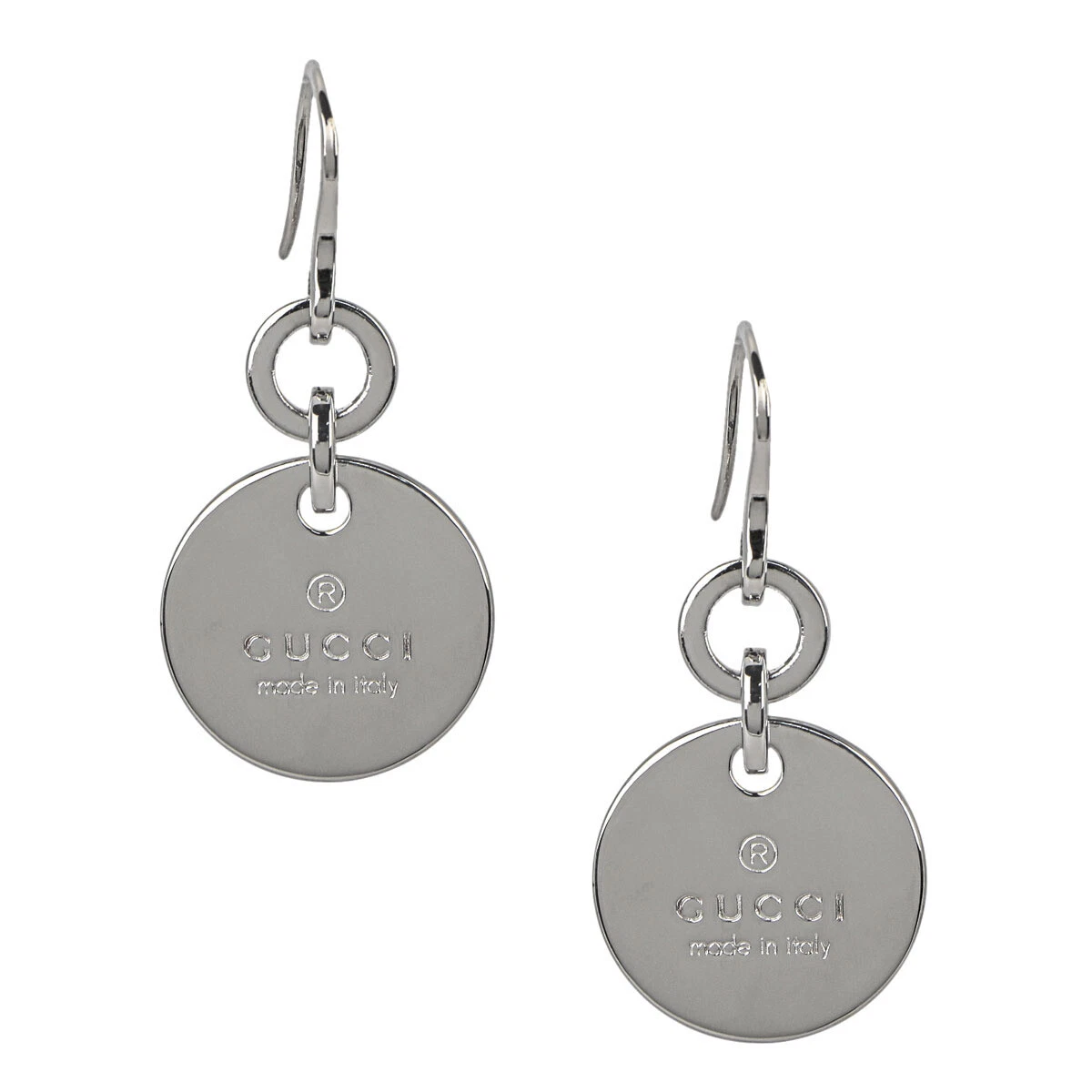 Boucles d'oreilles GUCCI plaque circulaire gravée logo type crochet accessoires femmes argent