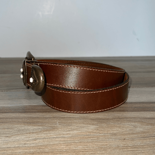 Leather belt woman’s size medium brown leather gold buckle embellished with bead - Picture 2 of 10