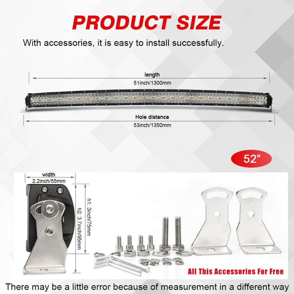 Combo de barra de luz LED curva 52" triple fila 300W para Dodge Ram 1500 2002-2008 + cable Foto 3 de 4