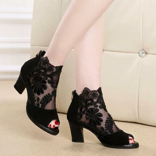 Womens Breathable Lace Ankle Boots Peep Toe Mid Block Heels Sandals Roman Shoes - Picture 7 of 19