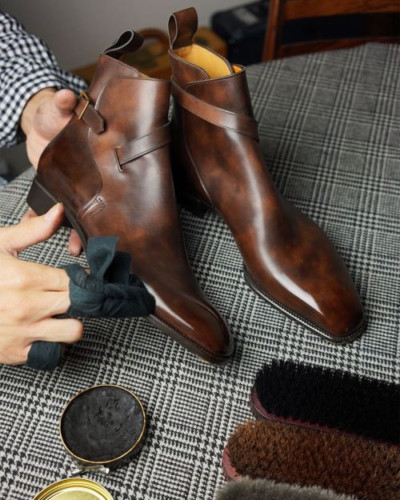 Zapatos para hombre formales hechos a mano gamuza cuero marrón tostado hebilla con cordones hasta el tobillo