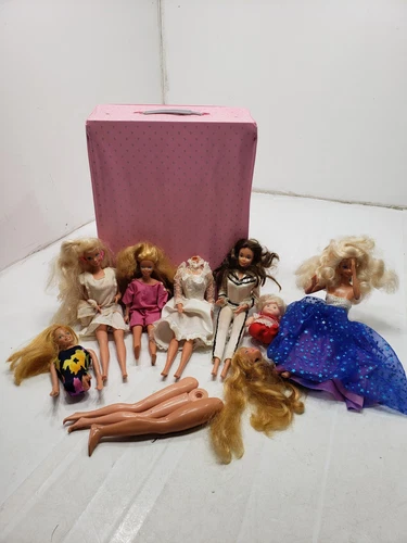Mixed Lot of 80s 90s Barbies and parts with clothes in 80s Pink Carrying Case