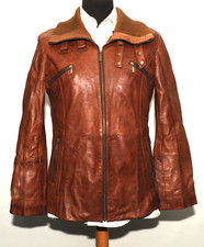 Great Women Aviatrix Styled In Italy Long Neck Leather Biker Jacket Brown Size L