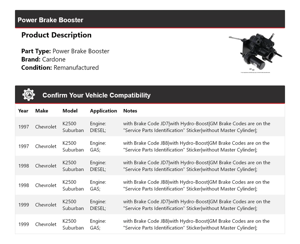 Para Chevrolet K2500 Suburban 1997-1999 Potencia Brake Booster Cardone 1998 Foto 2 de 3