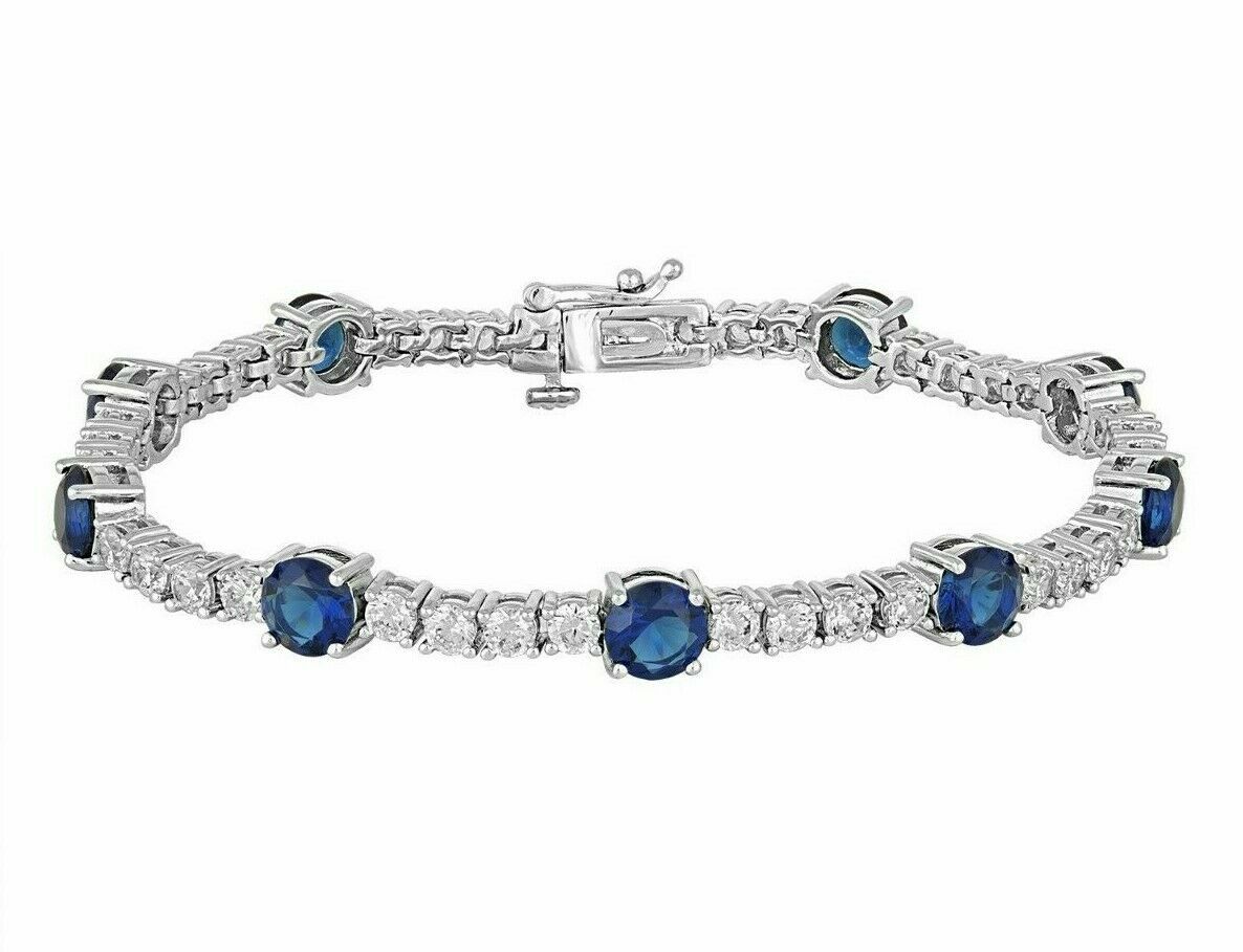14K Gold FN Solitaire CT Sapphire CZ Tennis Bracelet 925