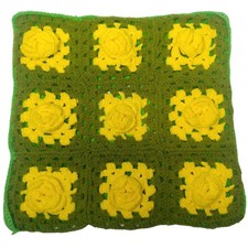 Vintage Handmade Crochet Pillow Cover 3D Yellow Rose Green 16.5" Square Open End