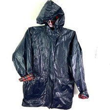 Vtg Original School Uniform Shinny Rain Coat Plaid Lined Womens Xl Blue