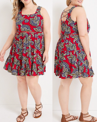 NWT Maurices Red Floral Ruffle Hem Lattice Back Lined Skater Dress, Size  0X, 14 | eBay