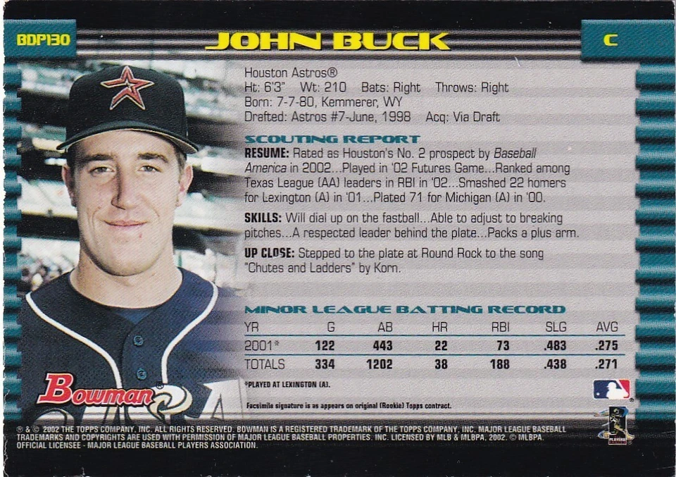 2002 Bowman Draft Picks & Prospects Gold #BDP130 John Buck Houston Astros - Image 2 of 2