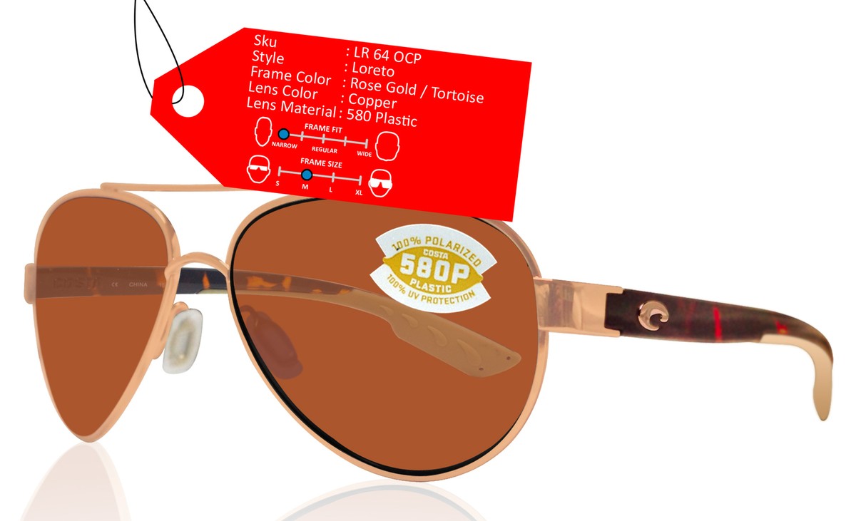 Costa Del Mar Loreto Rose Gold Tortoise Frame Copper 580P Plastic Lens